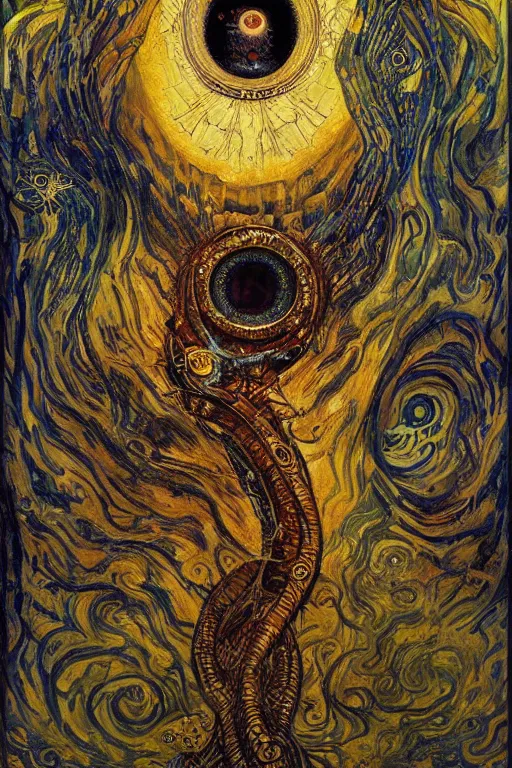 Prompt: Rebirth by Karol Bak, Jean Deville, Gustav Klimt, and Vincent Van Gogh, portrait of a sacred serpent, Surreality, otherworldly, fractal structures, arcane, ornate gilded medieval icon, third eye, spirals