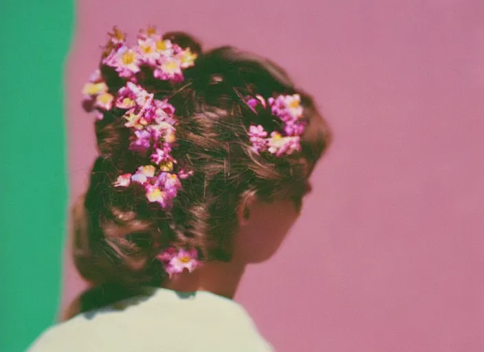 Image similar to color film photography, long shot of the back of a woman\'s head with interwoven flowers in center against a pink wall, daylight, 35mm