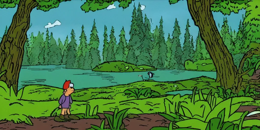 Prompt: green forest and lake landscape cartoon movie still by tomm moore,