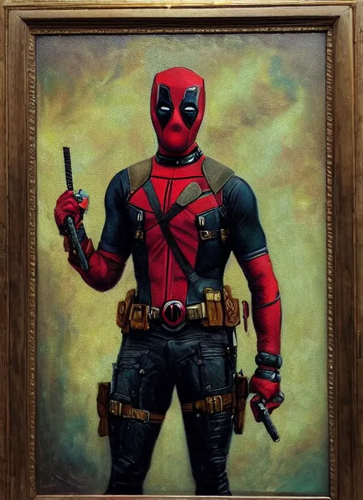 Image similar to oil painting of victorian deadpool created by james jean, vincent van gogh, michaelangelo, fantasy, portrait, highly detailed, large brush strokes