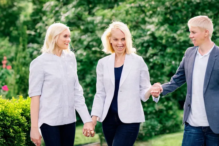 Image similar to 3 5 year old blonde female president, walking in the white house rose garden, holding hands with her two younger boyfriends, professional photo, dslr, bokeh