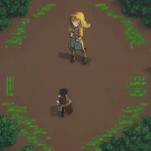 Image similar to isometric view, pixel art, octopath traveler style, a girl, brown jacket with long sleeves, brown hair, hair down, pigtails hair, green eyes, no background, volumetric lighting, dramatic, 4 k, trending on artstation, by greg rutkowski, blizzard warcraft