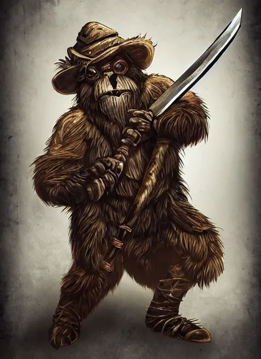 Image similar to bugbear ranger holding a fire sword, exquisite details, black beard, white background, by studio muti