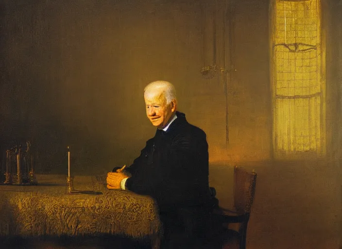 Prompt: painting of biden sitting on a table with candle light, dark, golden age, by rembrandt van rijn