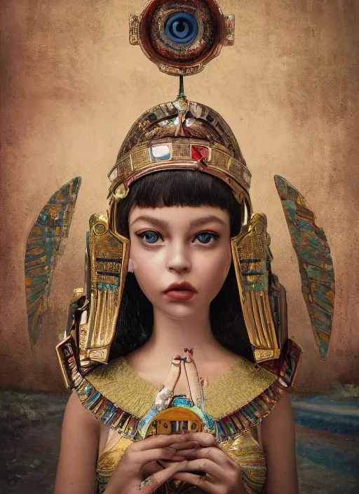 Image similar to closeup portrait of tin toy cleopatra bikin girl trap, depth of field, zeiss lens, detailed, symmetrical, centered, fashion photoshoot, by nicoletta ceccoli, mark ryden, lostfish, breathtaking, 8 k resolution, extremely detailed, beautiful, establishing shot, artistic, hyperrealistic, octane render