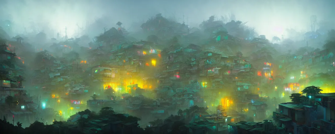 Image similar to cloud forest neon favelas by peter mohrbacher and craig mullins and james jean and marc simonetti