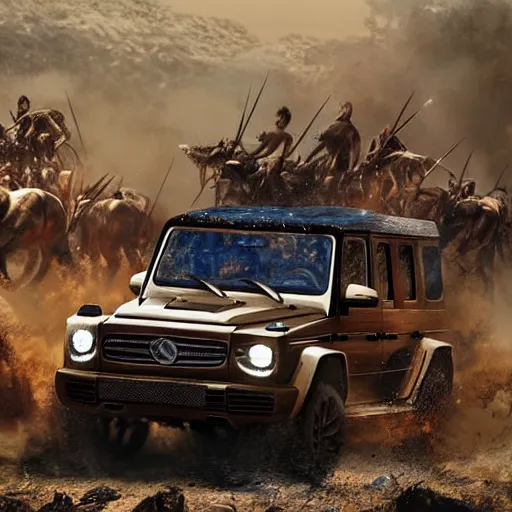 Prompt: g wagon, tribe members attacking, epic action scene, cinematic, digital art, 4k, hd, fantasy, art station