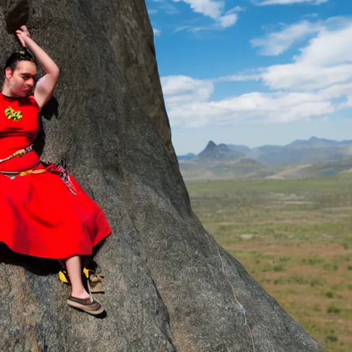 Image similar to Frida Kahlo rock climbing wearing a princess dress