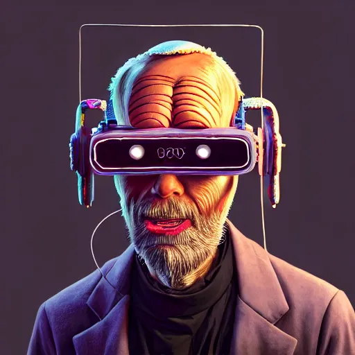 Image similar to Colour Photography of 1000 years old man with highly detailed 1000 years old face wearing higly detailed cyberpunk VR Headset designed by Josan Gonzalez. Man eating higly detailed hot-dog. In style of Josan Gonzalez and Mike Winkelmann andgreg rutkowski and alphonse muchaand Caspar David Friedrich. Rendered in Blender