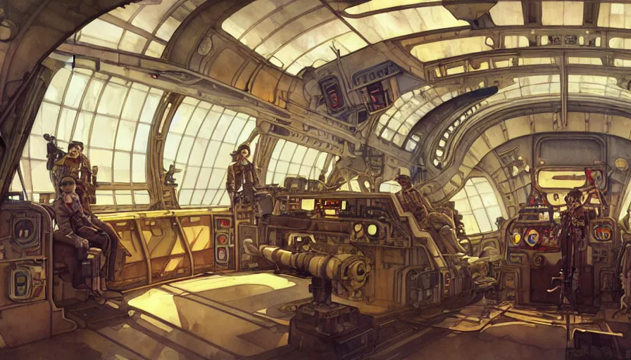 Prompt: airship interior bridge of warship, captain's chair, bridge crew, french baroque, napoleonic, dieselpunk science fiction, steampunk, command and control center, sharp, concept art watercolor illustration by mandy jurgens and alphonse mucha, dynamic lighting
