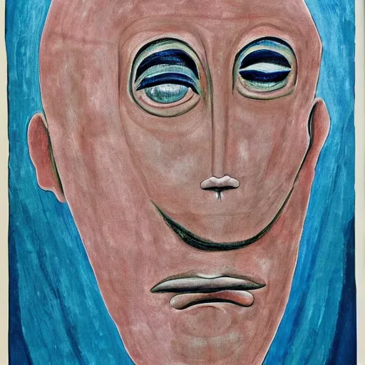 Image similar to aquamarine by ben shahn wormhole. a beautiful installation art of a giant head. the head is bald & has a big nose. the eyes are wide open & have a crazy look. the mouth is open & has sharp teeth. the neck is long & thin.