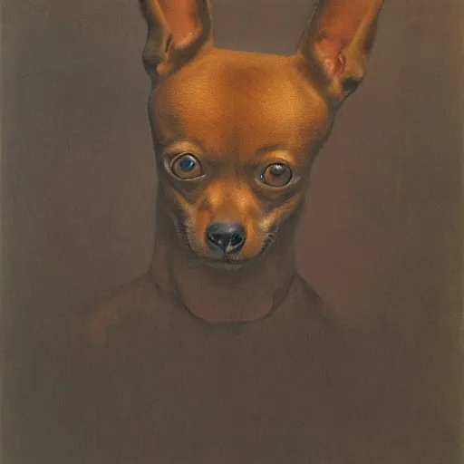 Prompt: an ominous beksinski painting of an enormous tan colored Chihuahua, snarling menacingly, 8k