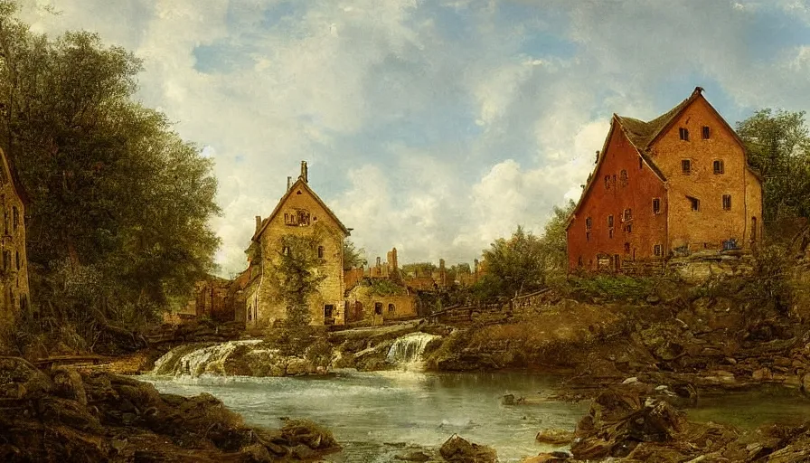 Image similar to a beautiful view of a mill next to a strem, by hermann ottomar herzog