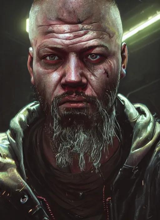 Image similar to portrait of Ivan moody as a homeless character in Cyberpunk 2077, looking at camera, intricate, dystopian, sci-fi, extremely detailed, digital painting, artstation, concept art, smooth, sharp focus, illustration, intimidating lighting, incredible art by artgerm and greg rutkowski and alphonse mucha and simon stalenhag