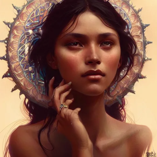 Image similar to a beautiful indigenous girl, fantasy, intricate, elegant, highly detailed, digital painting, artstation, concept art, matte, sharp focus, illustration, art by Artgerm and Greg Rutkowski and Alphonse Mucha