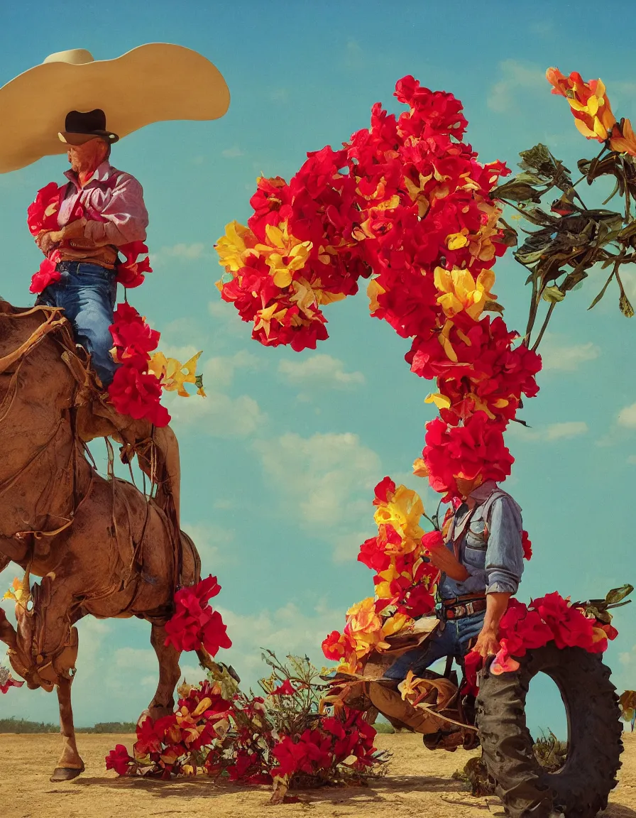 Prompt: a cowboy turning into blooms by slim aarons, by zhang kechun, by lynda benglis. tropical sea slugs, angular sharp tractor tires. complementary colors. warm soft volumetric light. national geographic. 8 k, rendered in octane, smooth gradients. manly cowboy riding by edward hopper and frank frazetta. red accents.