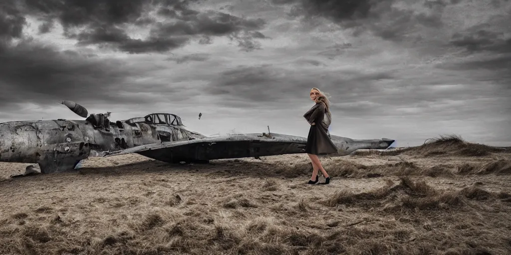 Image similar to a breathtaking photograph of windswept dunes scandinavian landscape, a beautiful woman in oscar de la rents standing beside a destroyed fighter plane + stone in center, ultra wide shot, cinematic, 8 k, dramatic lighting