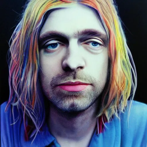 Prompt: colour masterpiece surreal closeup portrait photography of kurt cobain by miho hirano and annie leibovitz and michael cheval, pop art background, 8 k