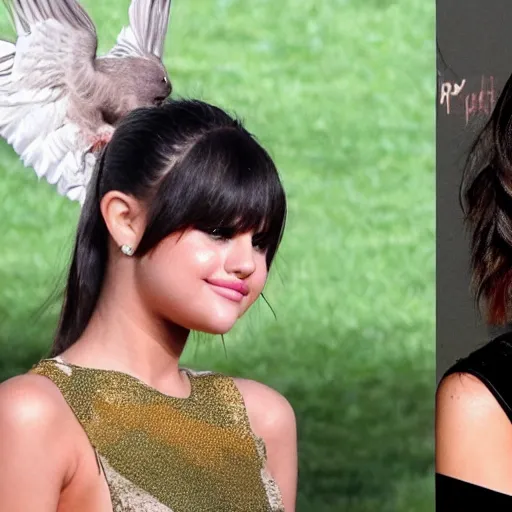 Image similar to a flying bird shitting directly on selena gomez's head