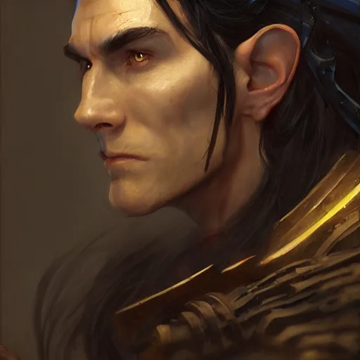 Image similar to character design, portrait of a attractive half elf half orc male with long black hair and proeminent cheekbones, medieval, dark armor, painting by wlop, nixeu and greg rutkowski, beautiful, cgsociety, semirealism, artstation, octane render, sharpness, 8 k, golden ratio