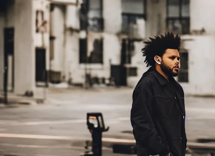 Image similar to dslr photo still of the weeknd on a monday, 8 k, 8 5 mm f 1. 8