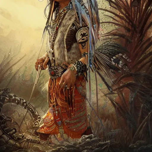 Image similar to : native american shamen fantasy, fantasy magic,, intricate, sharp focus, illustration, highly detailed, digital painting, concept art, matte, jahbu art and paul lewin masterpiece