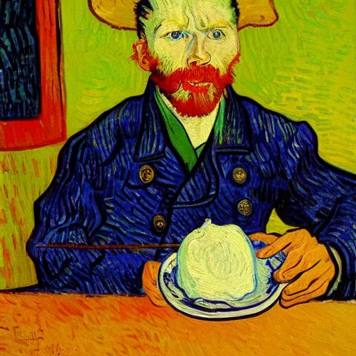 Image similar to french guy eating yogurt, painting, artwork by van gogh