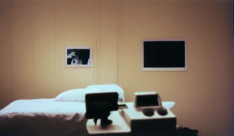 Image similar to A bedroom designed by Nam June Paik, 35mm film, long shot