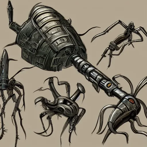 Prompt: concept art of a cyberpunk insectoid underwater alien and its minions, 1 9 4 0 s weapons