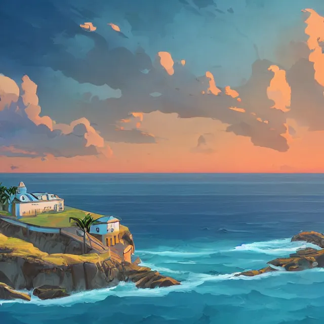 Image similar to a remote island research station in the middle of the ocean, rhads!!!, ominous, digital science fiction realism, archipelago!!, urban fantasy, saturday morning cartoon, clean linework, ( alexander archipenko ), western animation