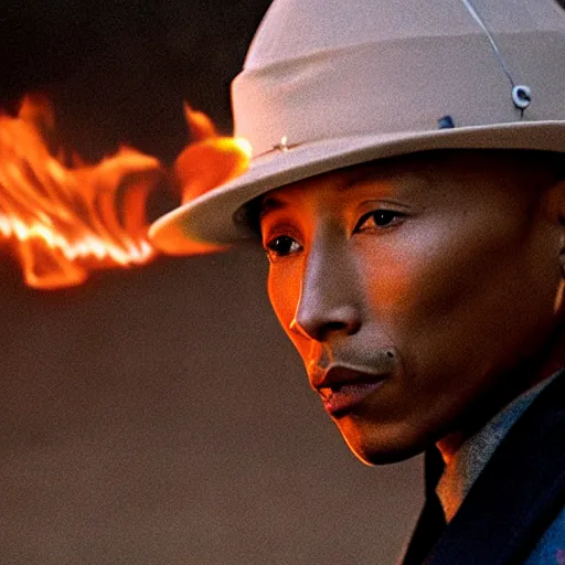 Image similar to cinematic film still Pharrell Williams starring as a Samurai holding fire, Japanese CGI, VFX, 2003, 40mm lens, shallow depth of field,film photography