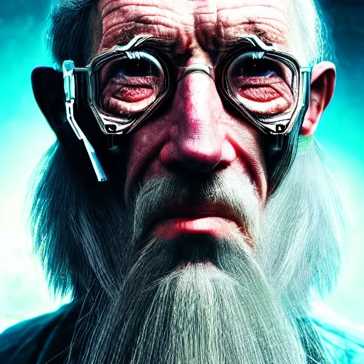 Prompt: an very old wizard is is a cyborg, half his face is technology, cyberpunk, exobiology, hyper realistic, hyper detailed, realistic picture, epic game, high angle shot, Long shot, 4k post-processing highly detailed, , 35mm, Kodachrome film, photograph