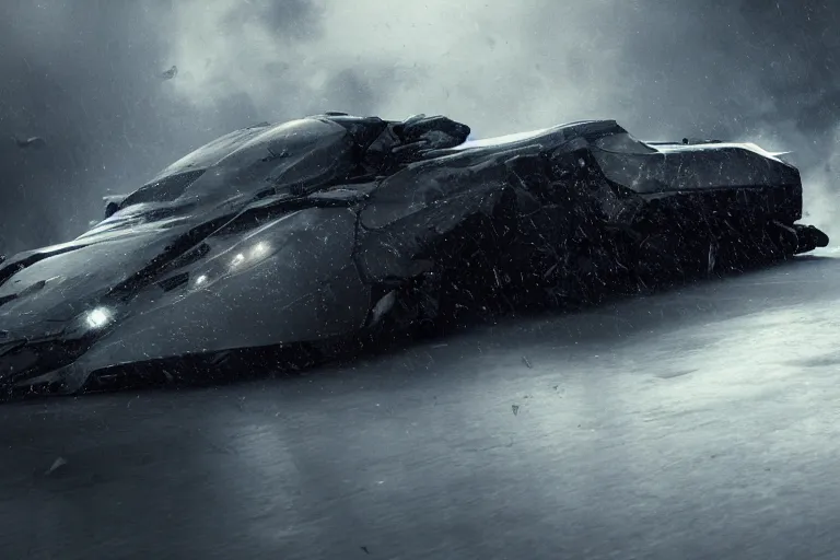 Image similar to the batmobile caught in the flow of time. octane render. 8 k. dark. atmospheric. cinematic. spectacular. sense of awe. debris. mist. strong winds. super slowmotion. matte painting painted by sparth and craig mullins