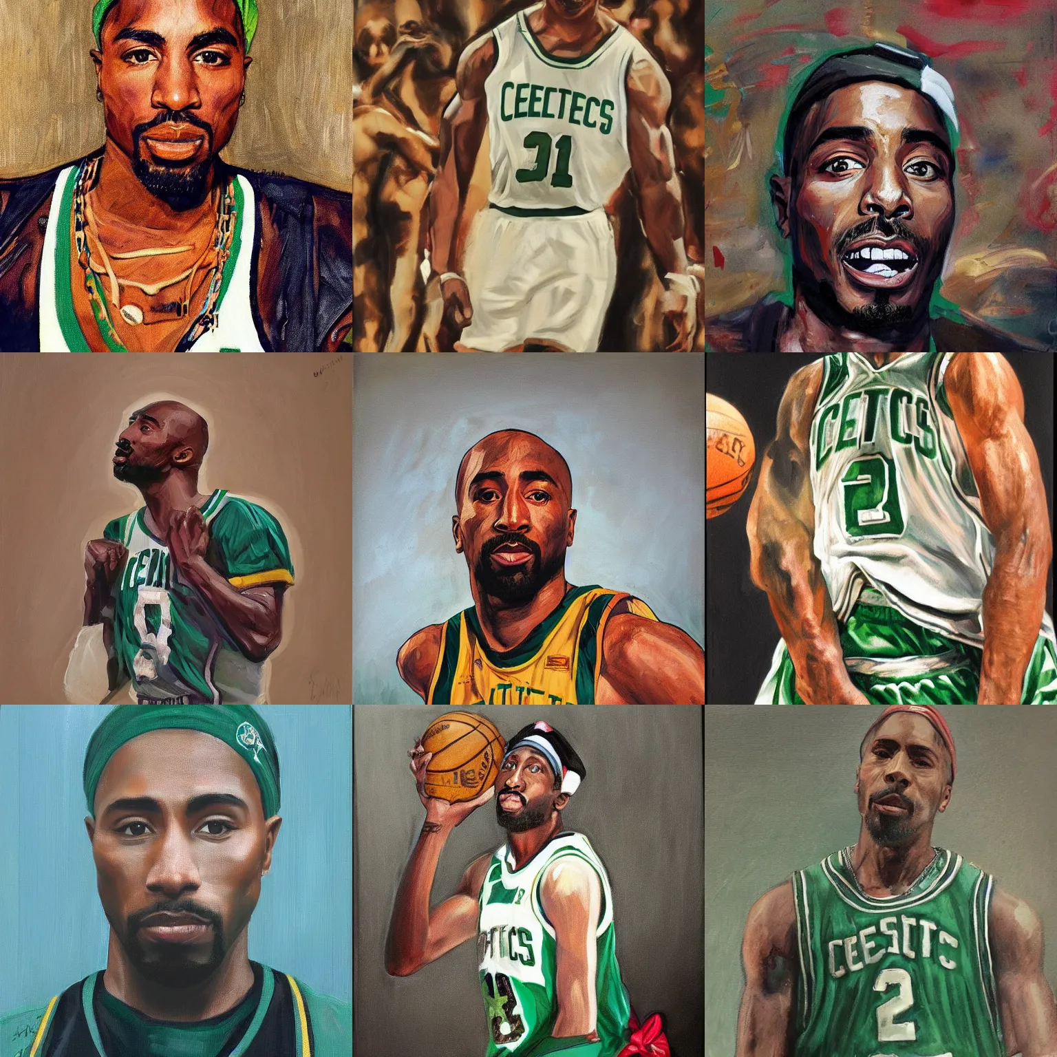Prompt: portrait of tupac shakur wearing a celtics jersey, oil on canvas by william sidney mount, trending on artstation