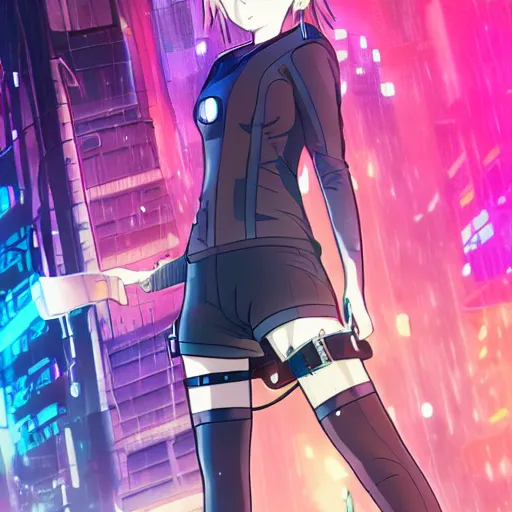 Image similar to cute anime girl with thigh highs in a cyberpunk city, blade runner 2049 inspired