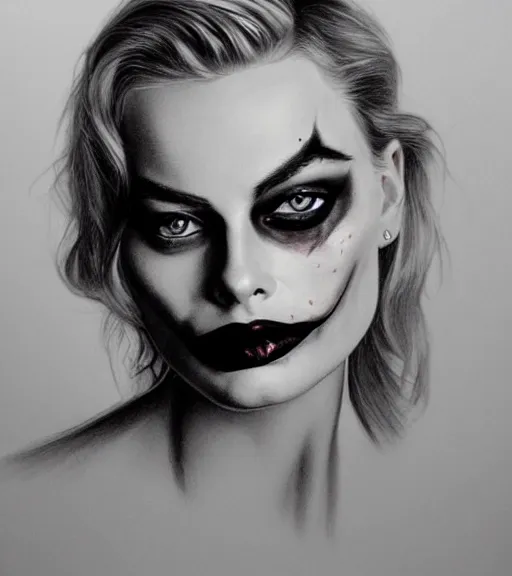 Prompt: beautiful margot robbie portrait with joker makeup, in the style of den yakovlev,, black and white realism drawing, faded outline, hyper realistic, highly detailed