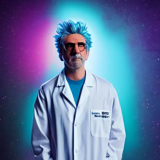 Image similar to portrait of rick sanchez, lab coat and tee shirt, lens flare, atmosphere, glow, detailed, intricate, full of colour, cinematic lighting, 4 k, hyperrealistic, focused, extreme details, cinematic, masterpiece