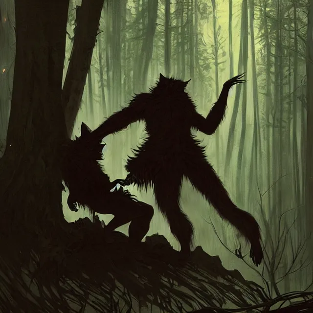 Image similar to a male werewolf with long claws fighting a young fit male vampire in a dark forest at night, by greg rutkowski and alphonse mucha, gradient brown to red, highly detailed, digital painting, artstation, concept art, smooth, sharp focus illustration