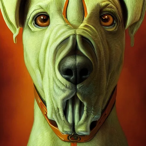 Prompt: epic portrait of Scooby-Doo, highly detailed, intricate details, golden ratio, hyperrealistic, photorealistic, oil painting by rutkowski and beksinski, trending on artstation, deviantart