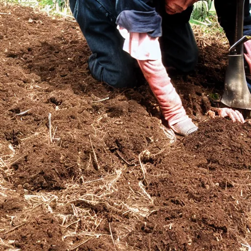 Image similar to bob dylan on his hands and knees picking through the soil looking for grubs, photograph