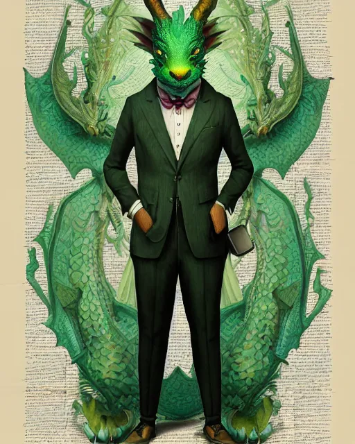 Image similar to anthropomorphic art of a businessman dragon, green dragon, portrait, victorian inspired clothing by artgerm, victo ngai, ryohei hase, artstation. fractal papers, newspaper. stock certificate, highly detailed digital painting, smooth, global illumination, fantasy art, jc leyendecker