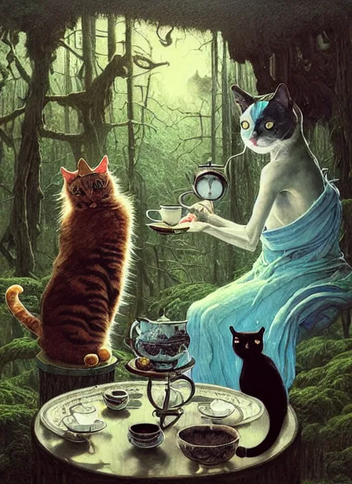 Prompt: cat having tea with a sorceress at a shrine in the woods gorgeous lighting, lush forest foliage blue sky a hyper realistic painting by chiara bautista and beksinski and norman rockwell and greg rutkowski weta studio, and lucasfilm