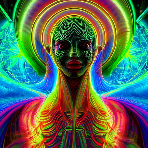 Image similar to hallucionational imaginery spirits, gaia, in the style of pablo amaringo, alex grey, psychedelic, beautiful, imaginative, octane render