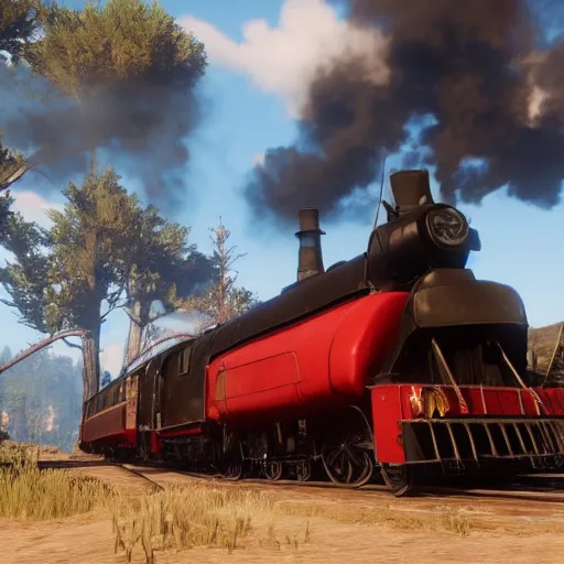 Image similar to futuristic sleek steam locomotive in red dead redemption 2