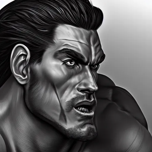 Image similar to overly muscular giant superhuman gigachad, grayscale, face closeup, epic, digital, highly - detailed, artstation cgsociety