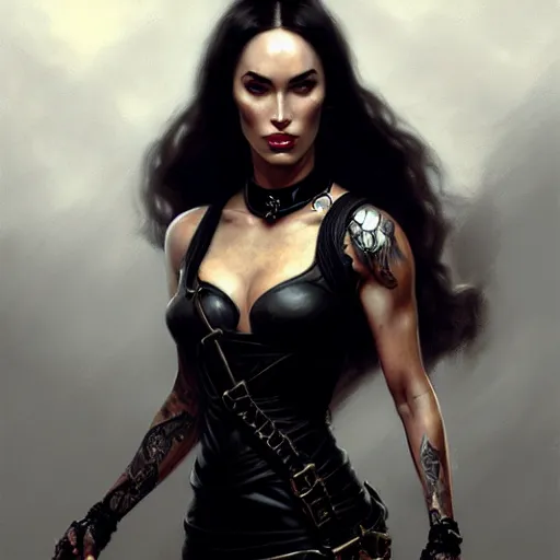 Prompt: portrait of megan fox with ball gag, muscular upper body, collar, greek, jewelry, black dress, fantasy, intricate, elegant, highly detailed, digital painting, artstation, concept art, matte, sharp focus, illustration, art by aenaluck and roberto ferri and greg rutkowski, epic fantasy, digital painting