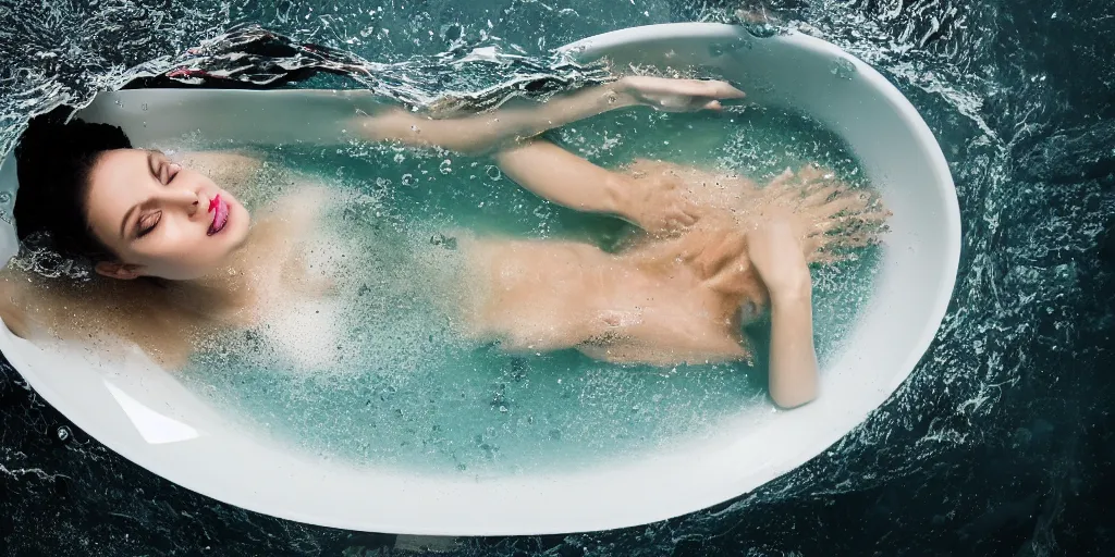 Image similar to photography of a top model, through the water in a bathtub, with some bubbles, top shot, seen from above
