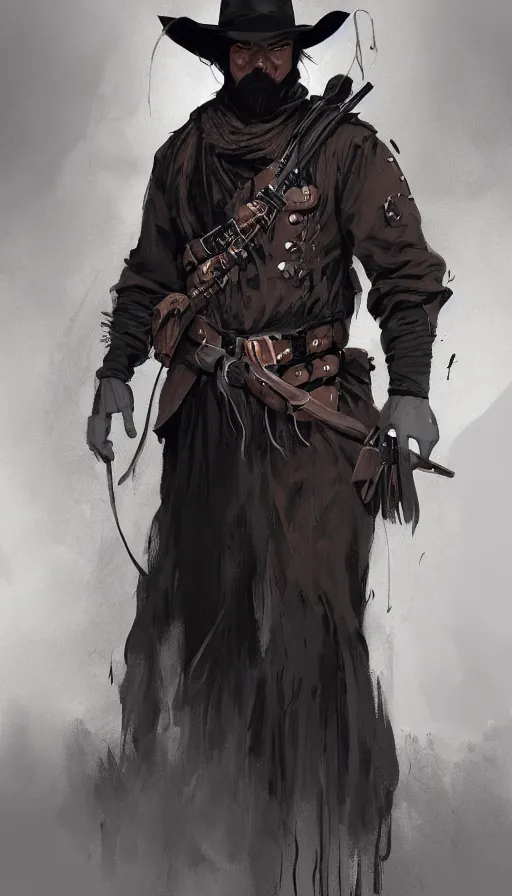 Prompt: misterious gaucho bandido commander, shady look, a raggy long poncho, magic the gathering, ready to shoot, intricate, highly detailed, digital painting, artstation, concept art, sharp focus, illustration, geometric dripped ink background, art by Artgerm, Grafit Studio, and Greg Rutkowski and Craig Mullins - W 700