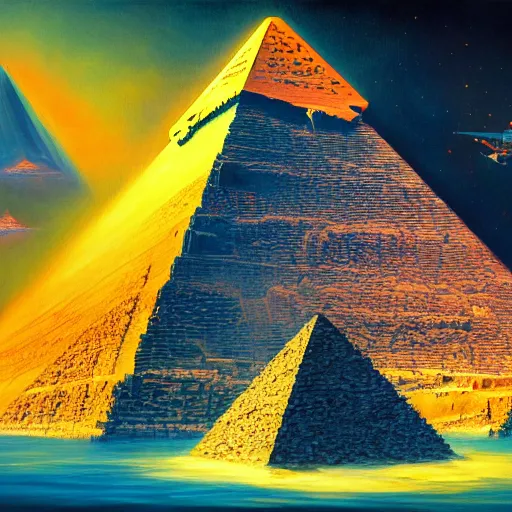 Image similar to a Stunning painting of A Great Pyramid of the Future by concept art,Retro colour,hyper detailed,8K Resolution