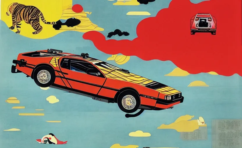 Prompt: a red delorean and a yellow tiger, painting by hsiao - ron cheng, utagawa kunisada & salvador dali, magazine collage style, clouds, ocean